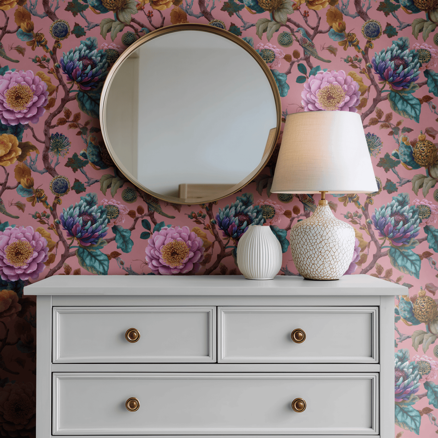Pink Floral Wallpaper shown in a second room with the dark garden florals reading as feminine atmospheric Arts and Crafts decoration