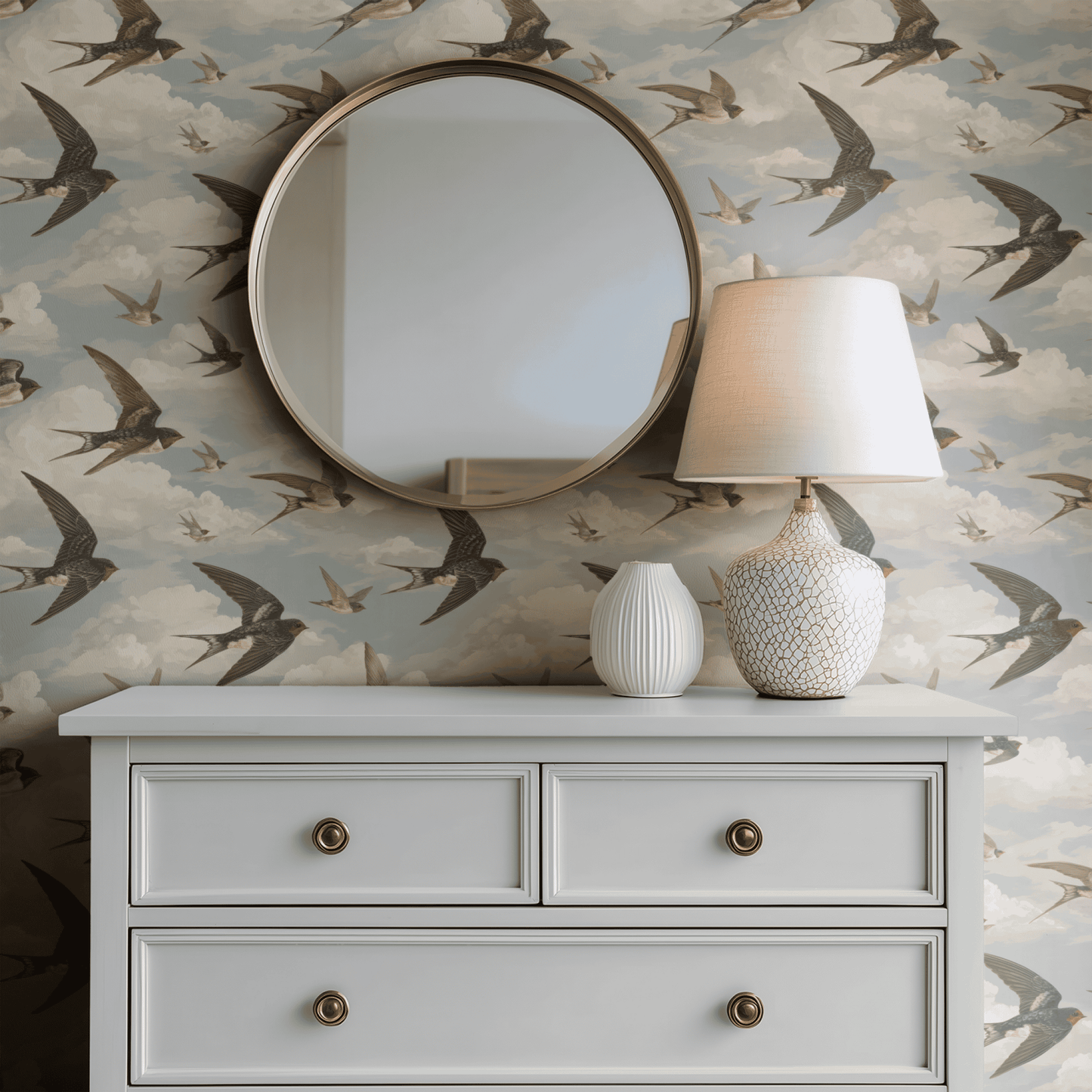 Blue Bird Pattern Wallpaper shown in a second room with the soaring swallows reading as evocatively scenic decoration