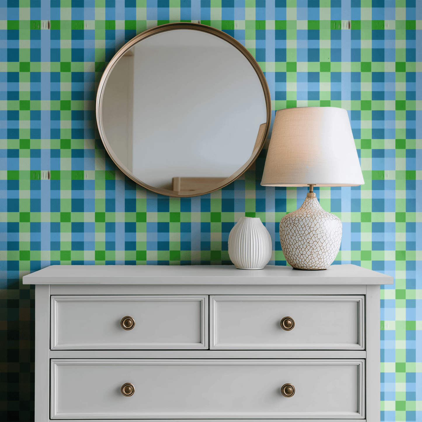 Multicolored Geometric Wallpaper shown in a second room with the teal patchwork reading as warmly handcrafted geometric decoration