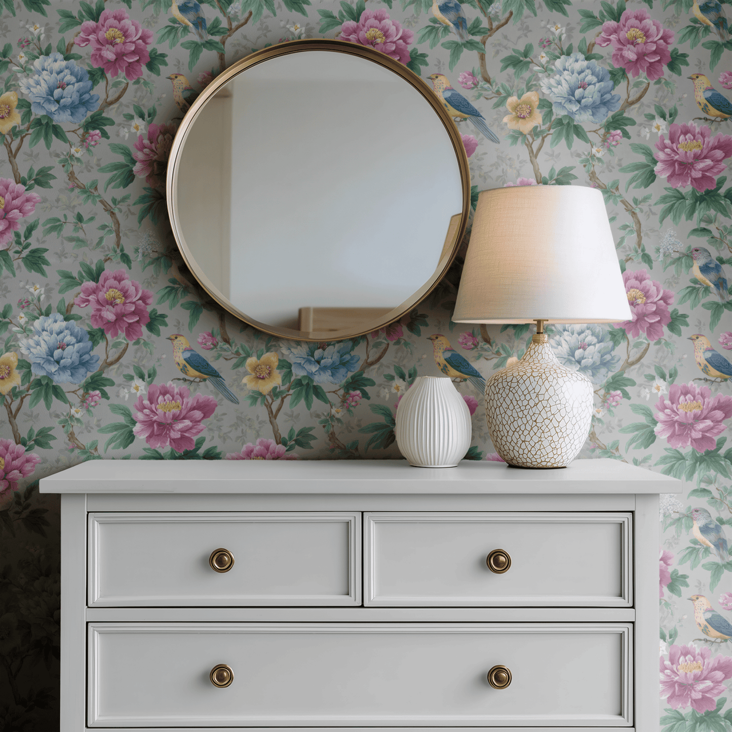Grey Floral Wallpaper shown in a second room with the painted peonies and birds reading as gracefully traditional decoration