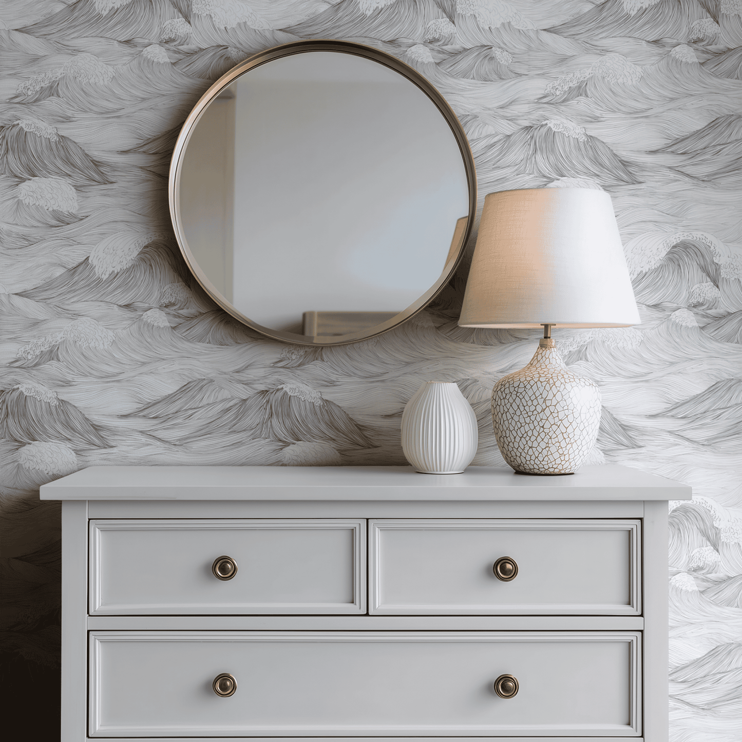 White Abstract Wallpaper shown in a second interior with the white waves reading as quietly modernist coastal decoration