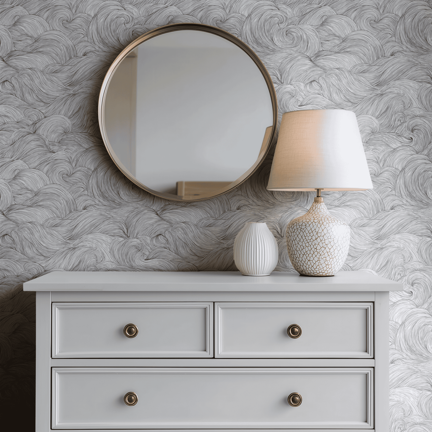 Grey Abstract Wallpaper shown in a second room with the swirling lines reading as atmospheric contemporary decoration