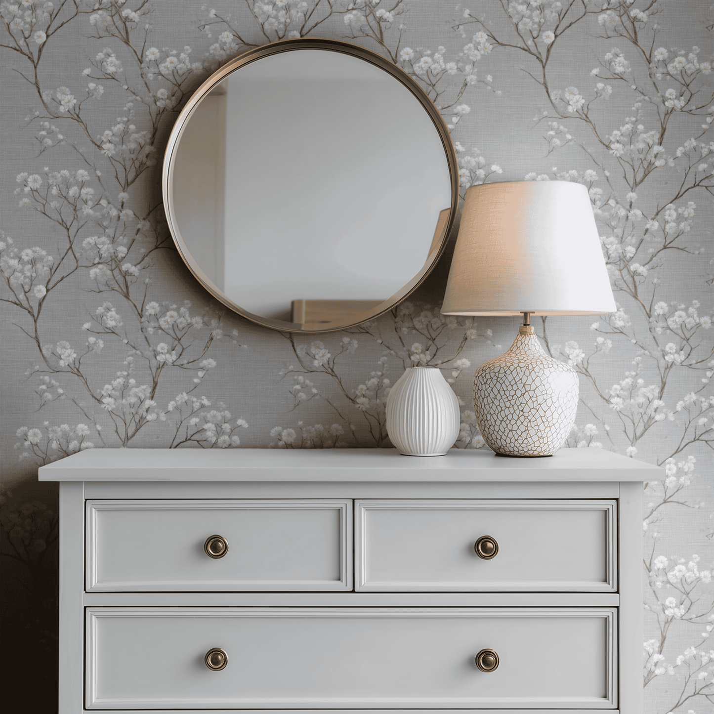Grey Botanical Wallpaper shown in a second room with the pearly branching reading as quietly elegant botanical decoration