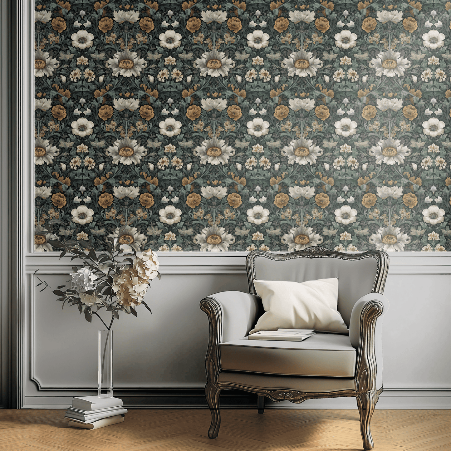 Green Floral Wallpaper shown in a second room with the moody primroses reading as atmospheric Victorian-floral decoration