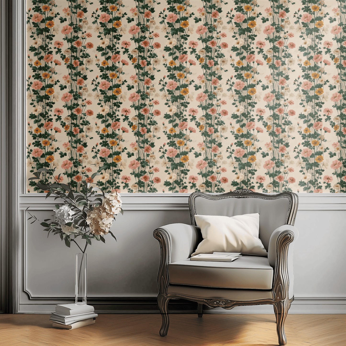 Cream Floral Wallpaper shown in a second room with the coral anemones reading as warmly feminine cottage decoration