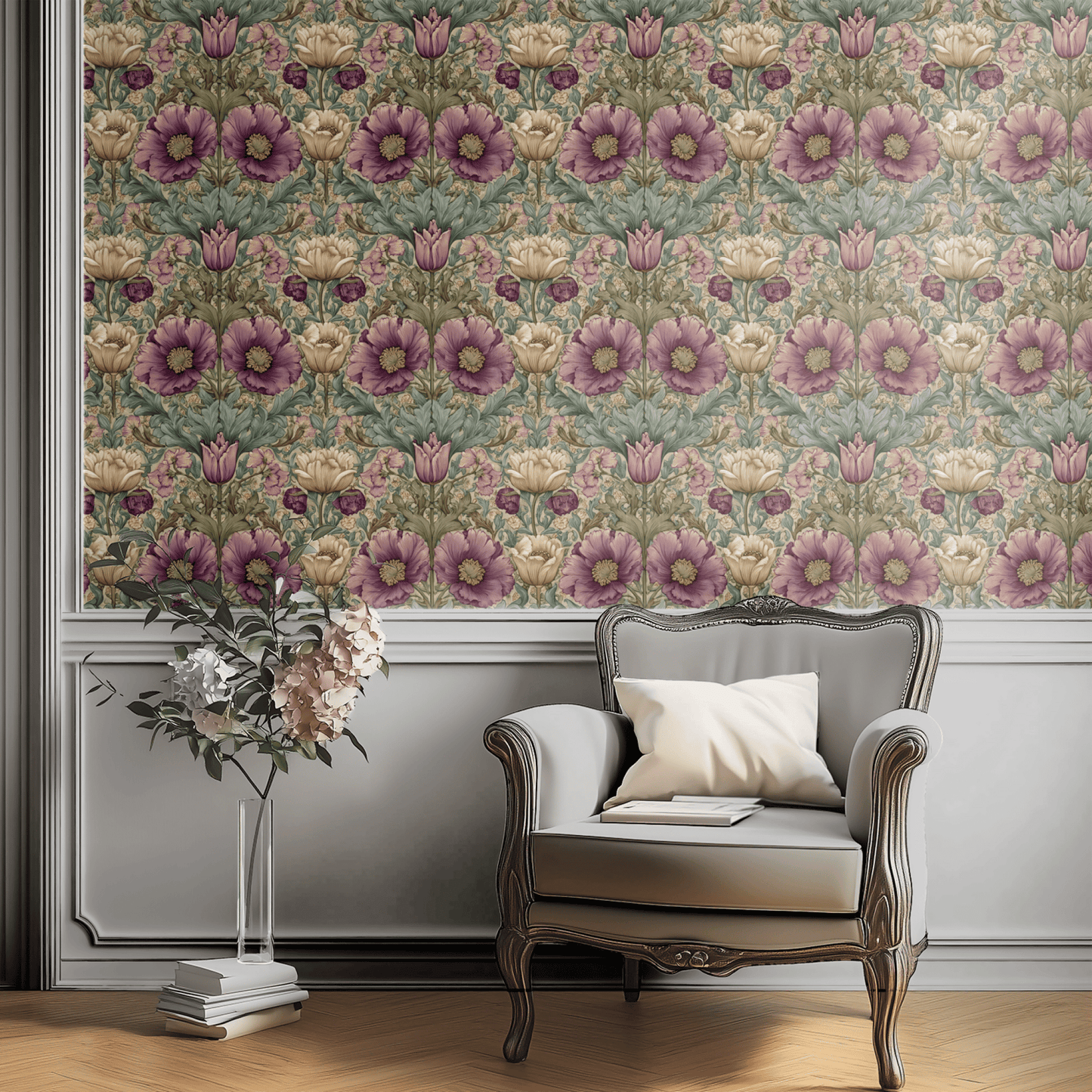 Green Floral Wallpaper shown in a second interior with the shadowy lotus reading as East-Asian-influenced moody decoration