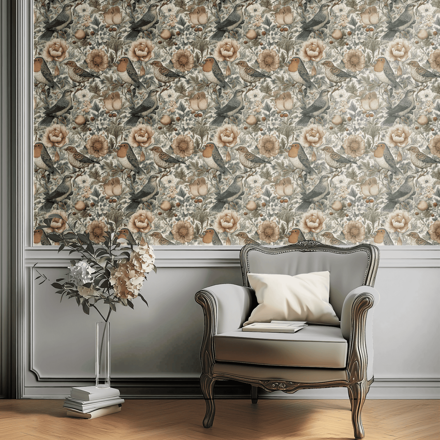 Cream Floral Wallpaper shown in a second interior with the warblers and woodland florals reading as quiet country pastoral decoration