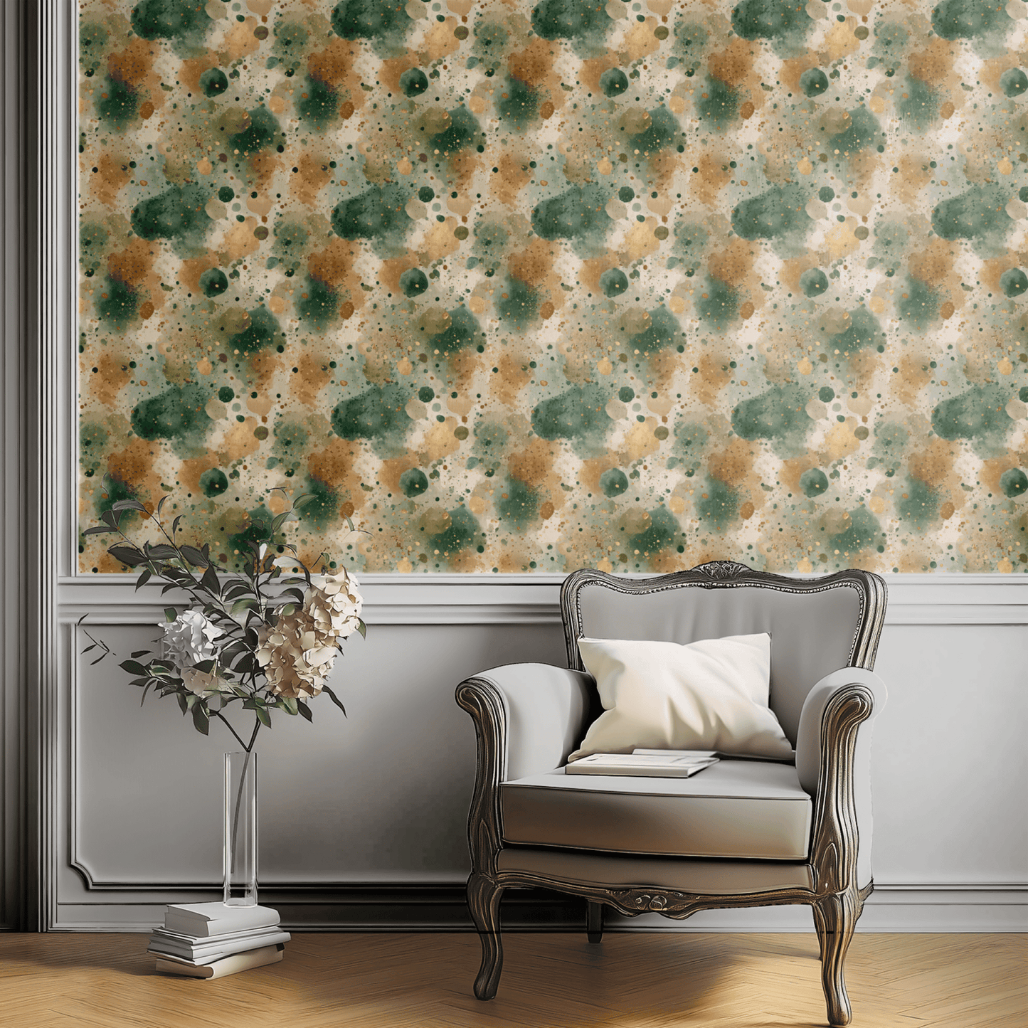 Green Abstract Wallpaper shown in a second interior with the speckled moss reading as natural earthy decoration