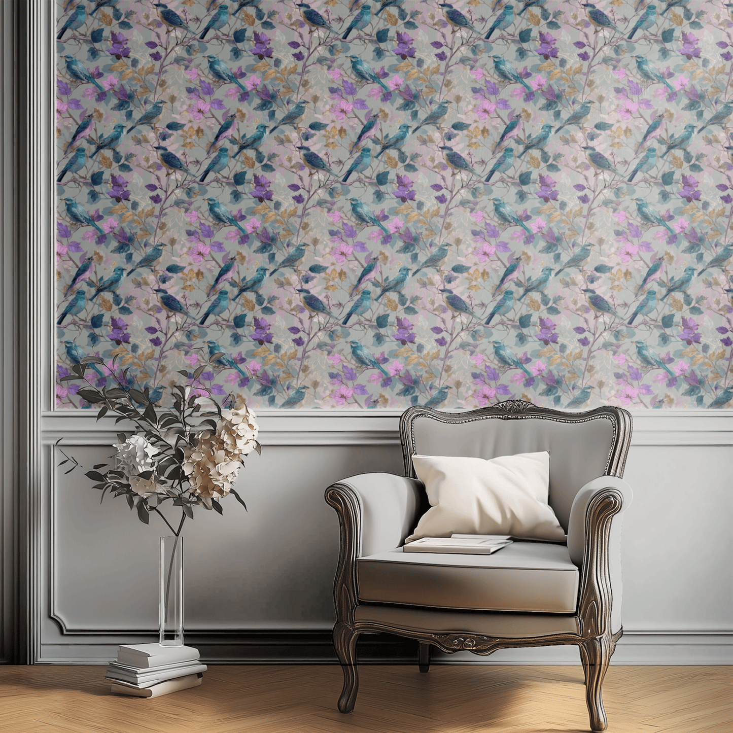Green Bird Pattern Wallpaper shown in a second room with the tapestry-style botanical reading as warmly traditional decoration