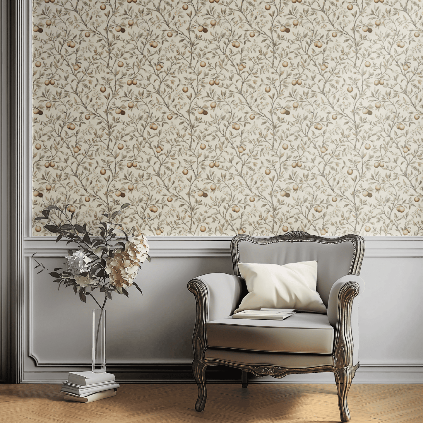Cream Botanical Wallpaper shown in a second interior with the citrus engraving reading as kitchen-appropriate botanical-print decoration