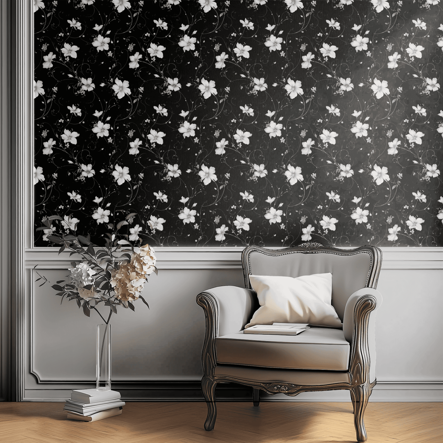 Black Floral Wallpaper shown in a second room with the monochrome florals reading as graphic moody decoration