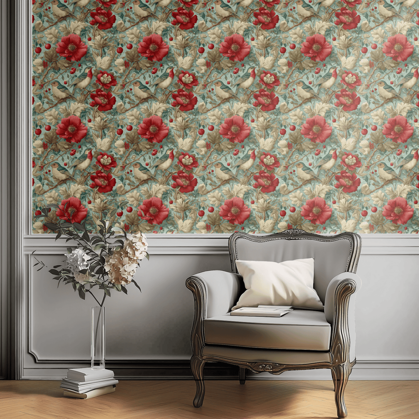 Green Floral Wallpaper shown in a second interior with the burgundy and green Arts and Crafts birds reading as traditional Victorian decoration