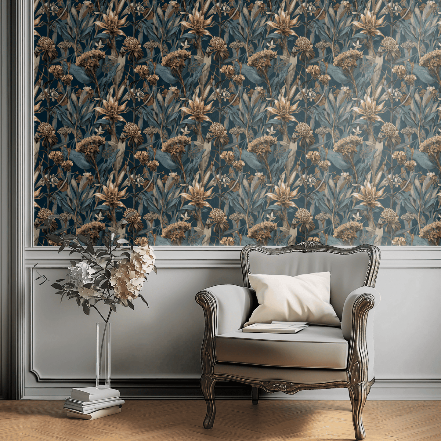 Bronze pattern shown in a second room with the blue-and-bronze palette giving the wall an unusually warm botanical atmosphere