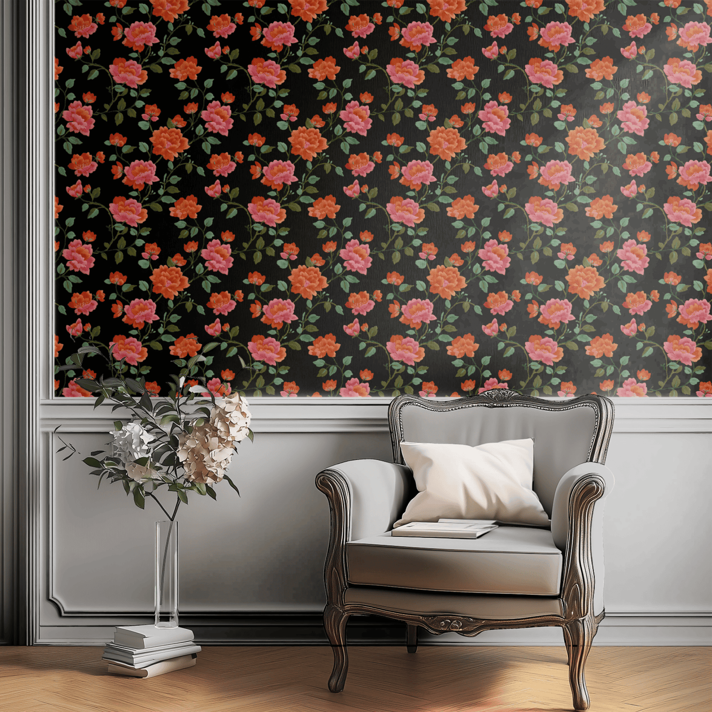 Black Floral Wallpaper shown in a second room with the moody peonies reading as theatrical evening-dining-room decoration