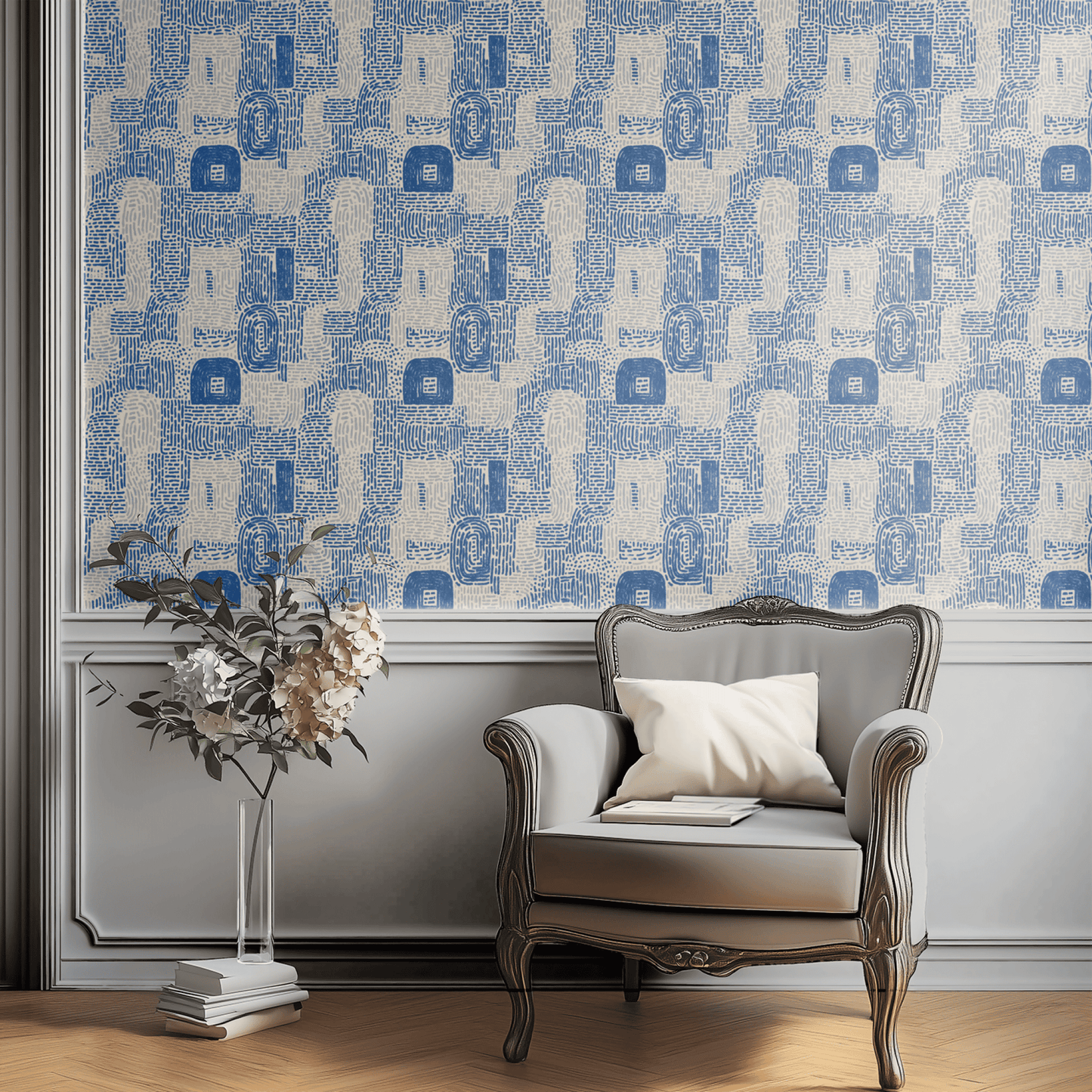 Cream Geometric Wallpaper shown in a second interior with the geometric dashes reading as quietly modernist hand-printed pattern