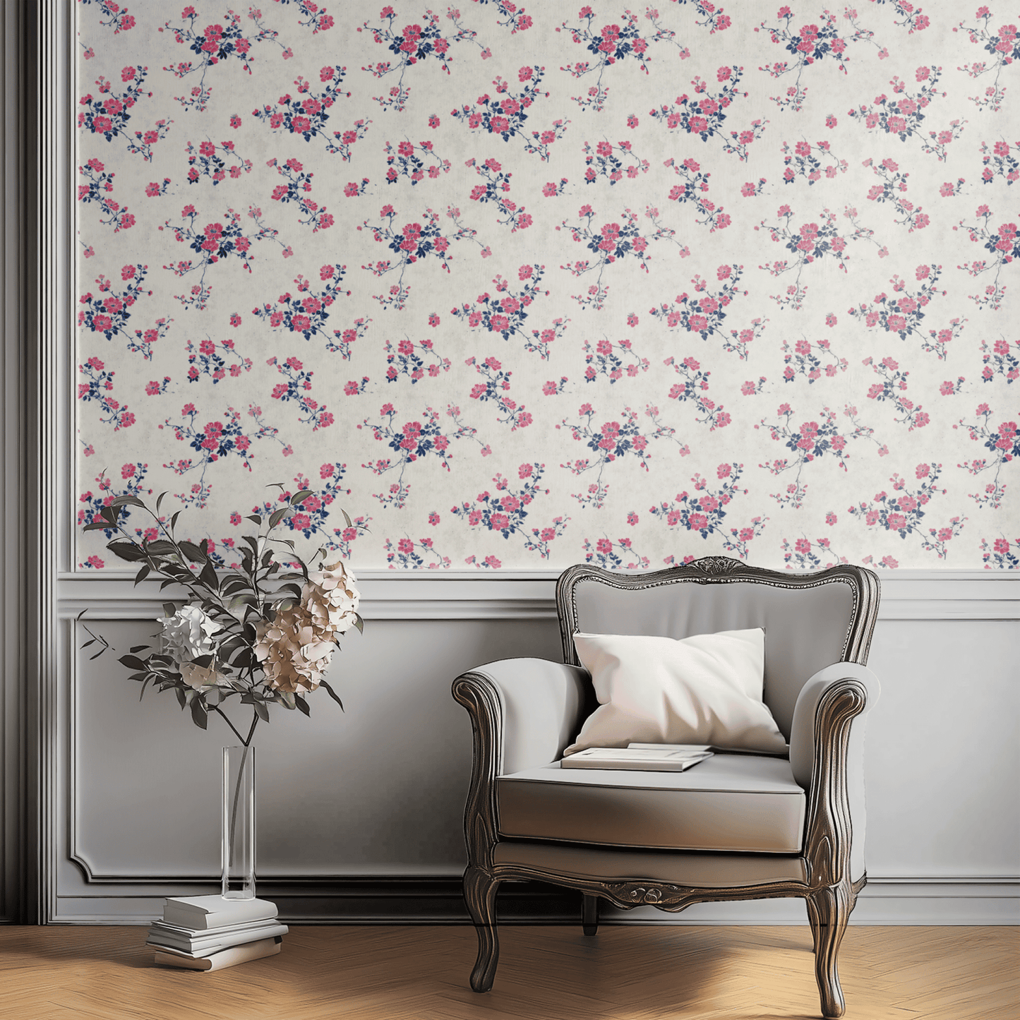Cream Floral Wallpaper shown in a second room with the watercolor cherry florals reading as softly Japanese-spring decoration