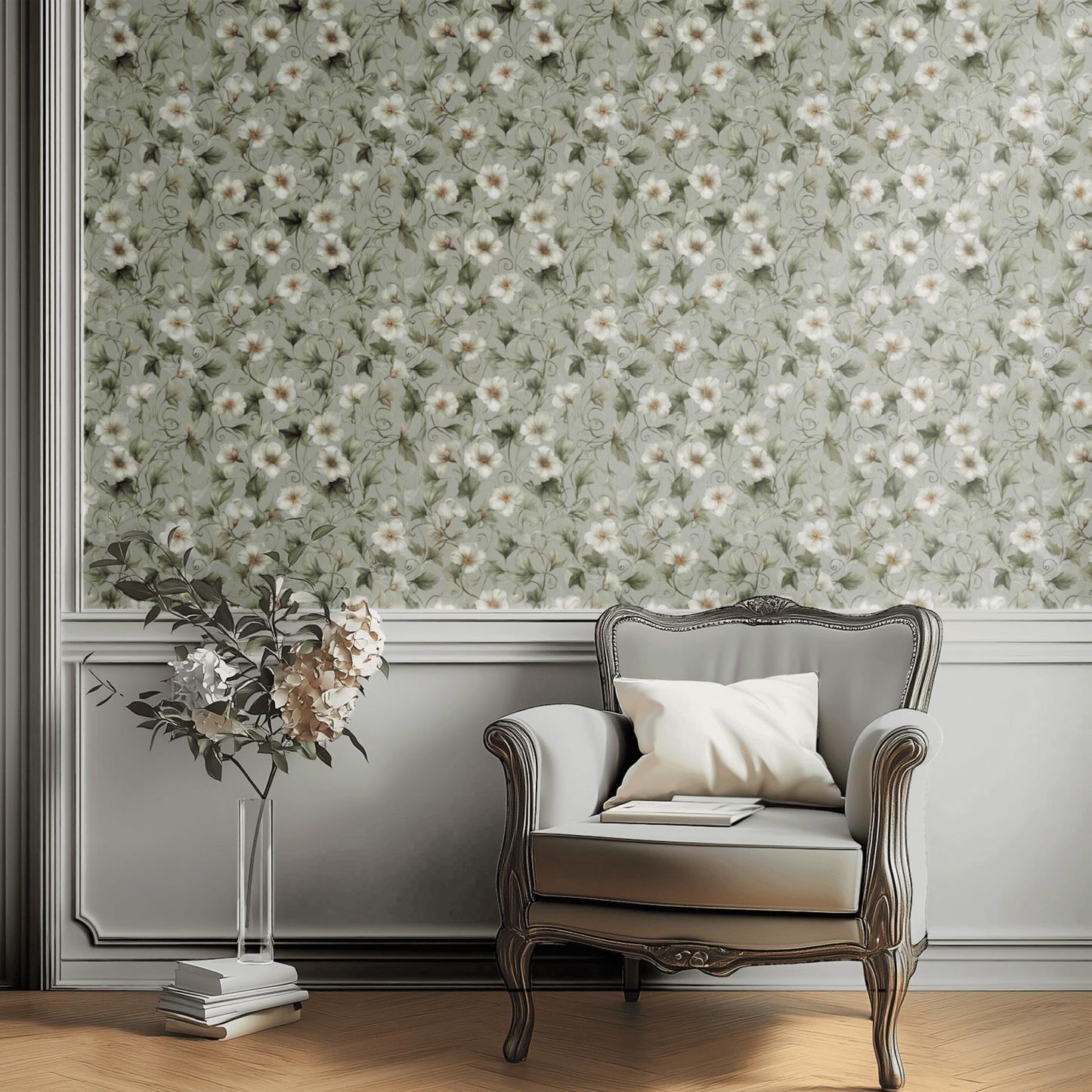 Green Floral Wallpaper shown in a second interior with the tendrils reading as quietly trailing botanical decoration