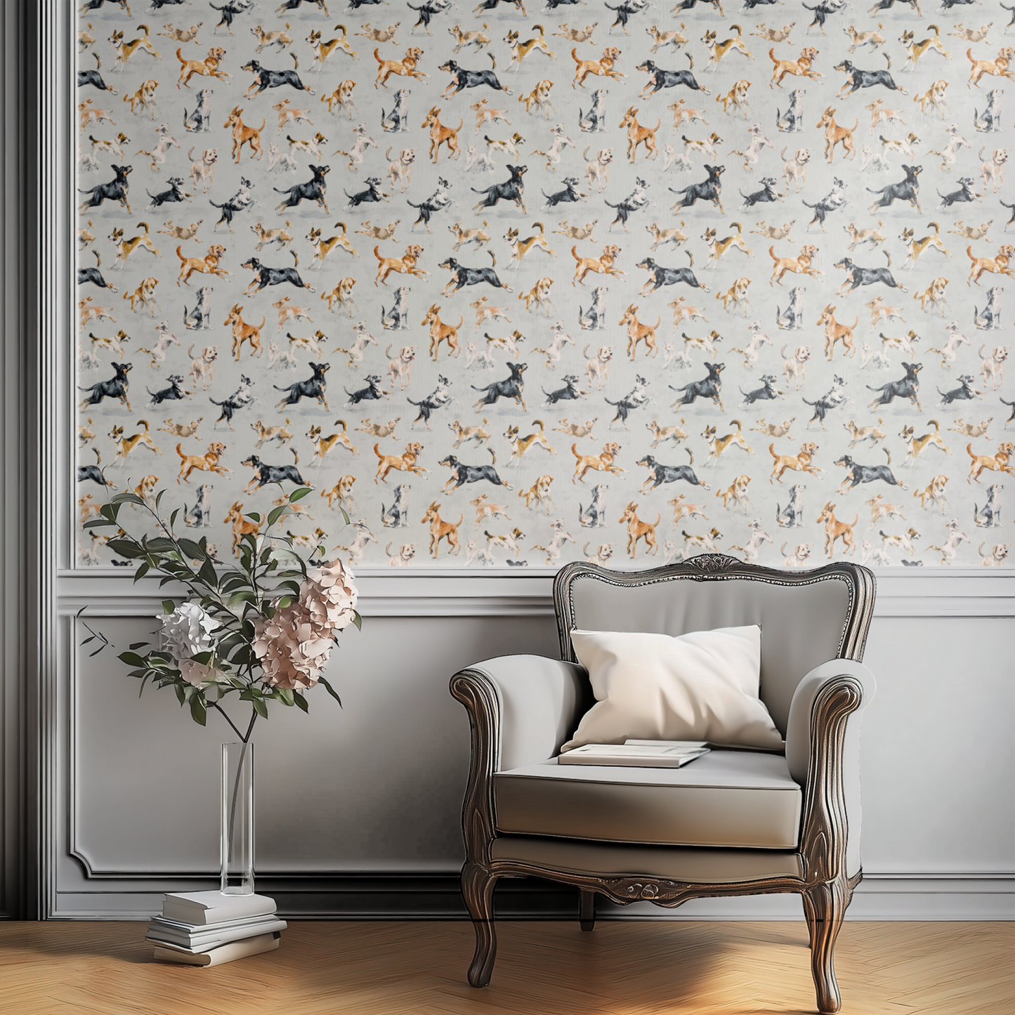 Whimsical shown in a second room with the playful dogs reading as joyfully kid-friendly decoration