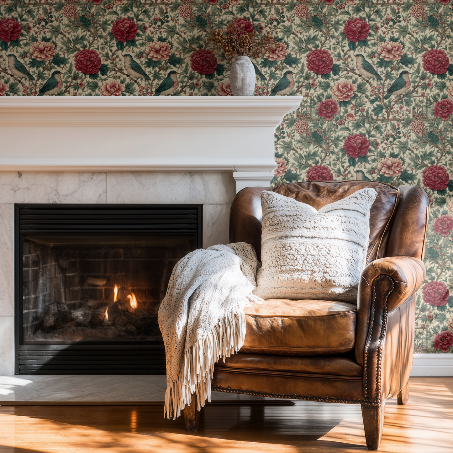 Cream Floral Wallpaper shown in a second room with the scarlet branches reading as warmly traditional Arts and Crafts decoration