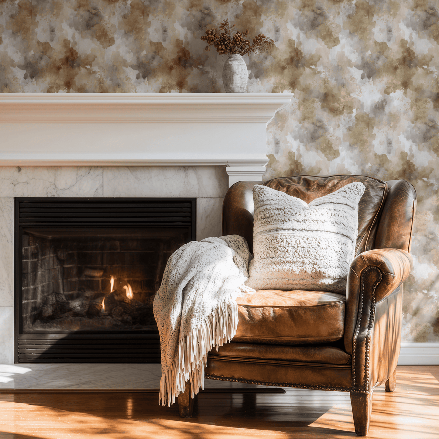 Neutral Abstract Wallpaper shown in a second interior with the gilded watercolor reading as soft luxurious atmospheric decoration