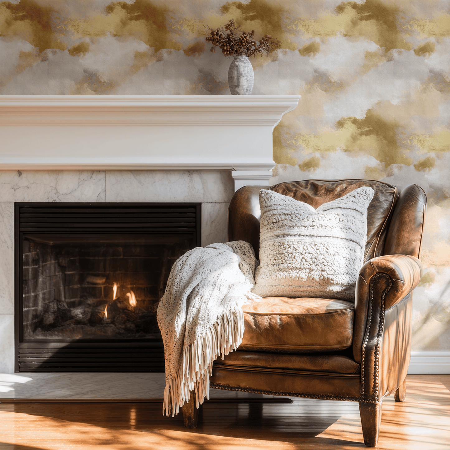 Neutral Abstract Wallpaper shown in a second room with the abstract metallic canvas reading as contemporary luxurious decoration