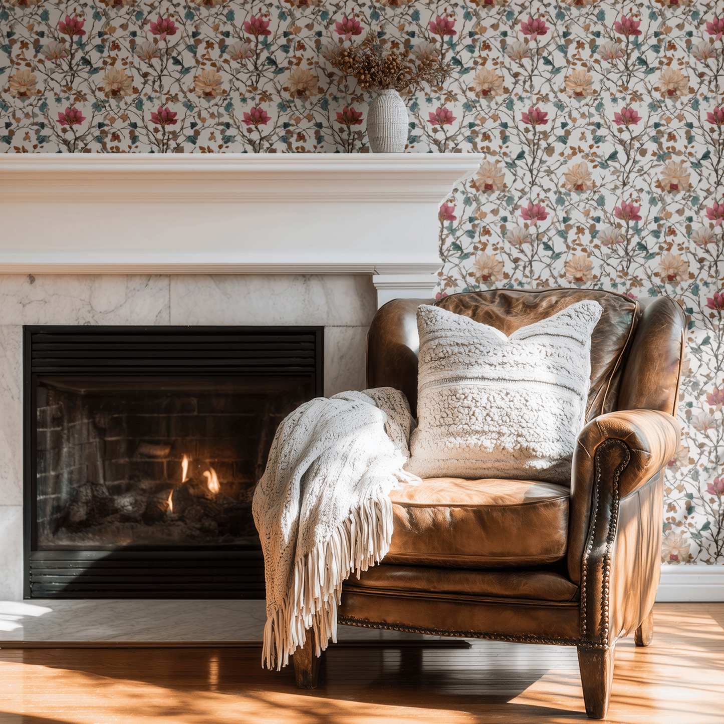 Cream Floral Wallpaper shown in a second room with the watercolor petals reading as quietly soft floral decoration