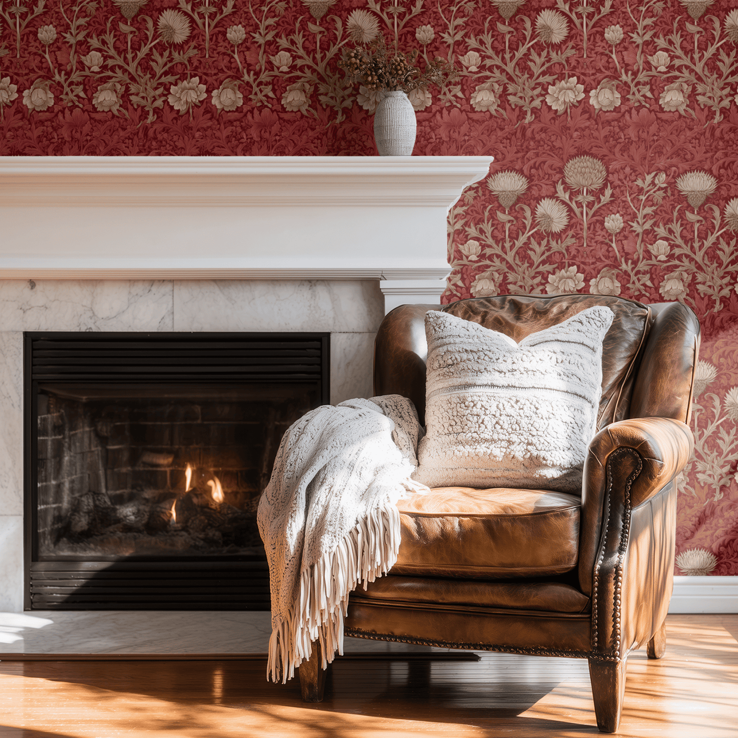 Red Floral Wallpaper shown in a second interior with the crimson moody florals reading as theatrical evening dining-room decoration