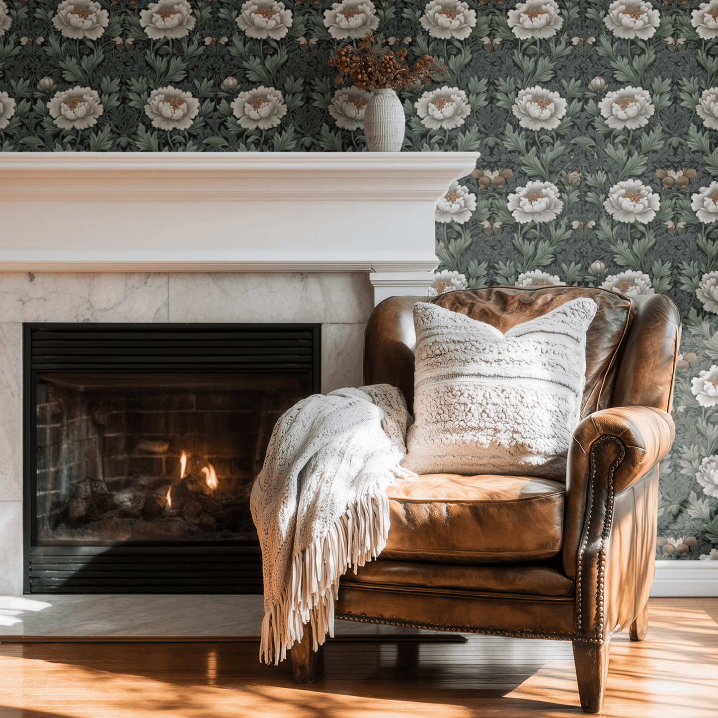 Green Floral Wallpaper shown in a second room with the pewter green petals reading as quietly elegant botanical decoration