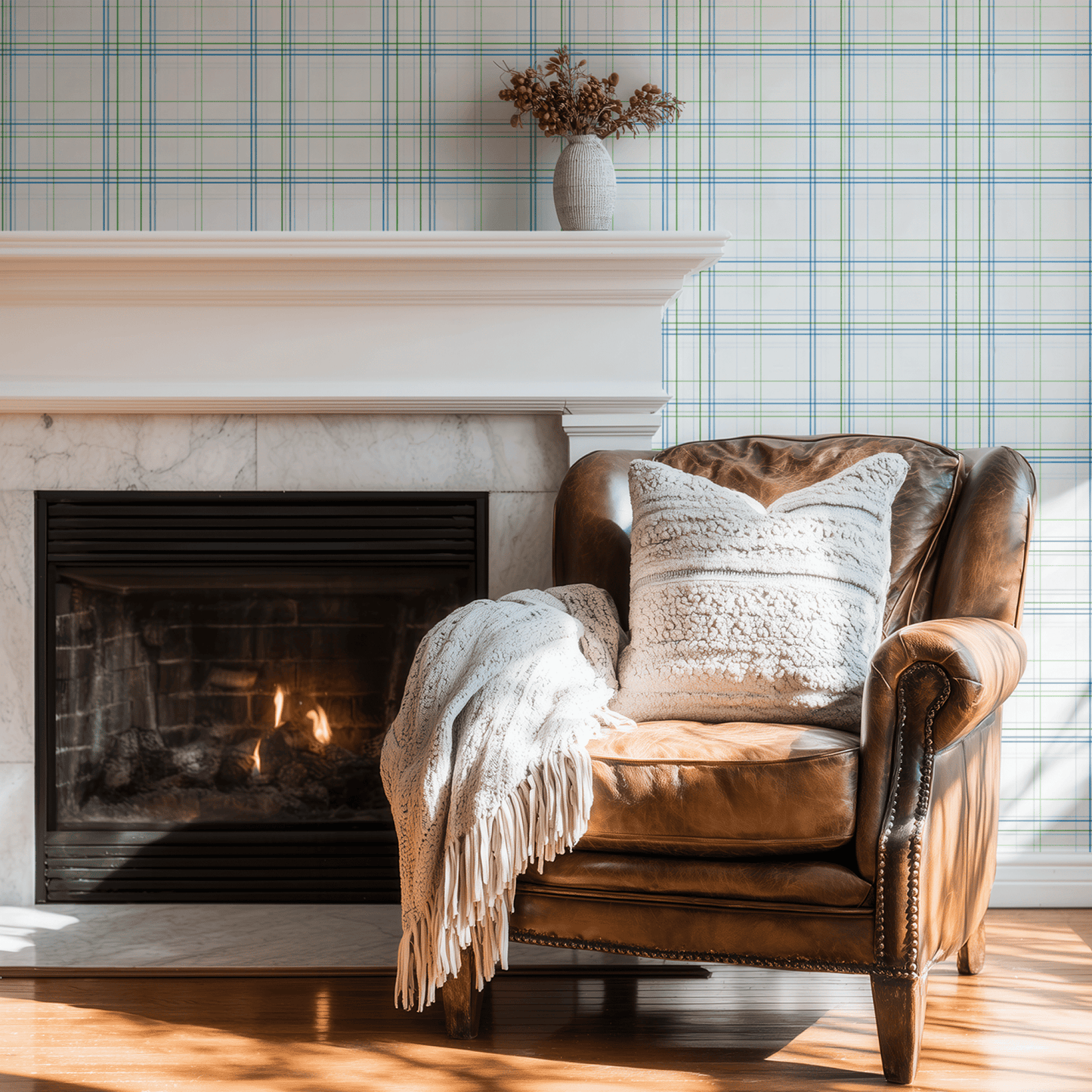 White Geometric Wallpaper shown in a second interior with the white grid reading as quietly modernist architectural pattern