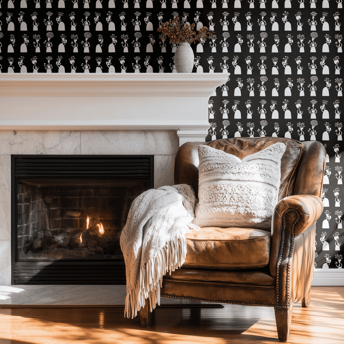 Black Abstract Wallpaper shown in a second interior with the moody figural florals reading as theatrical contemporary statement