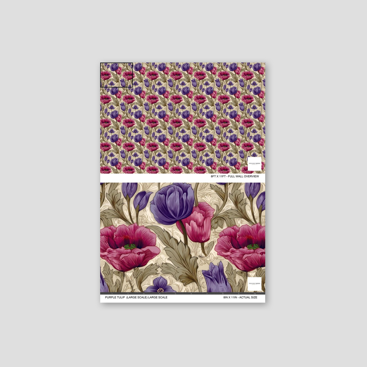 Large-scale purple tulip and magenta poppy floral wallpaper on ivory background.