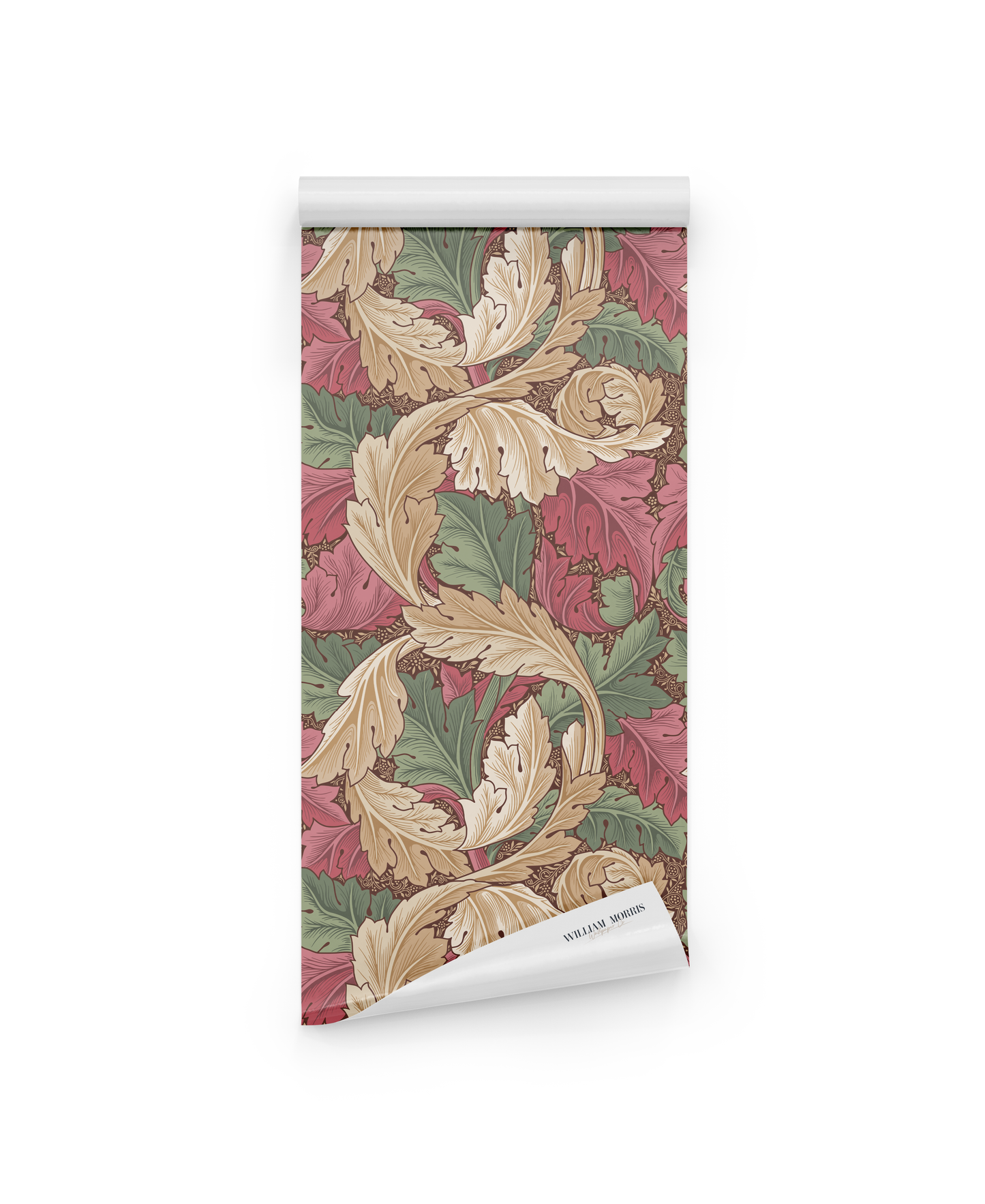 William Morris Acanthus Autumn: a roll of wallpaper with an ornate botanical pattern in beige, green, and red leaves on white, inspired by Arts and Crafts elegance.