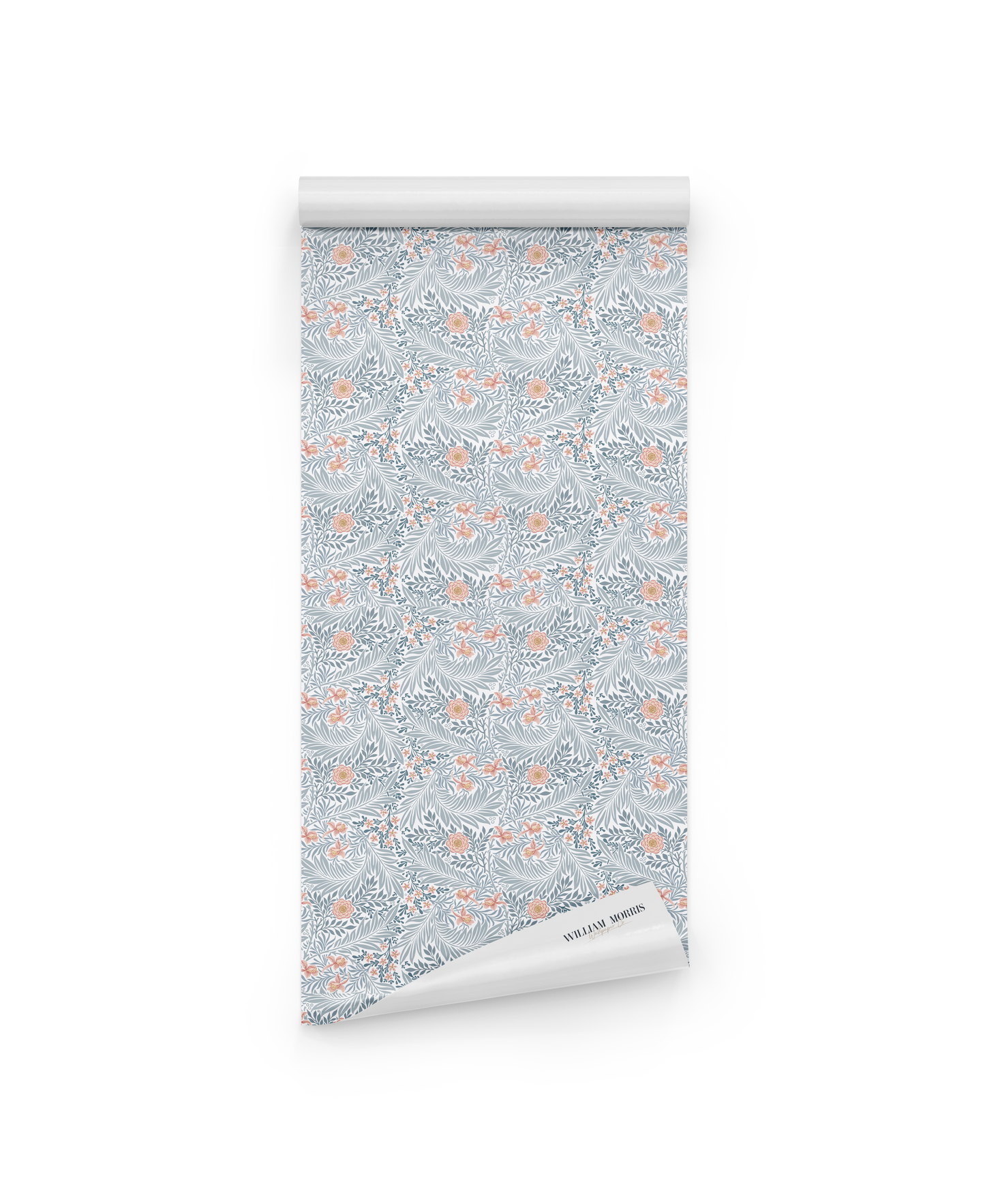 A roll of William Morris Larkspur Azure Blossom wallpaper, featuring a light blue and orange floral and leaf pattern, is partially unrolled on a white background.
