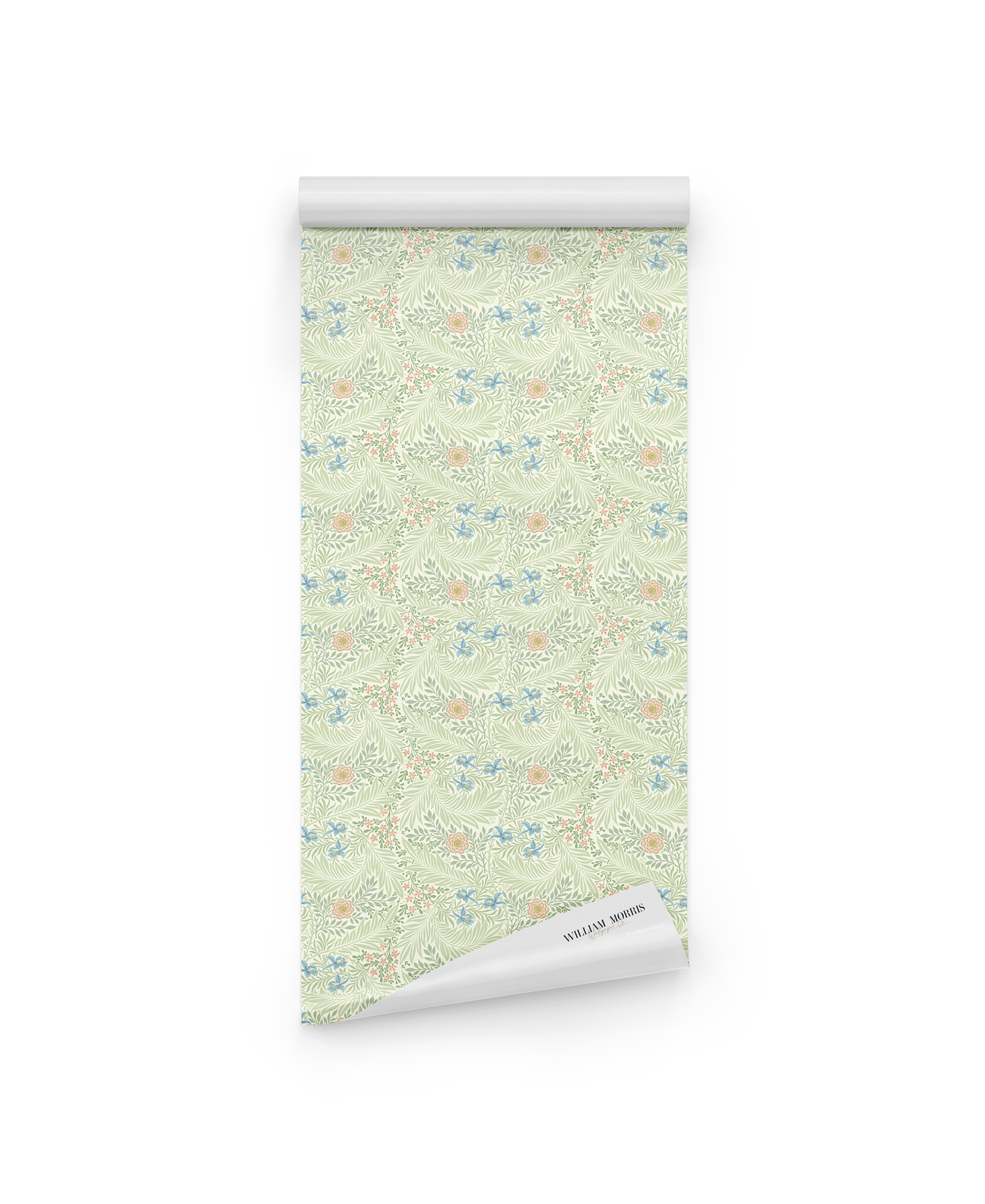 The William Morris Larkspur Garden Breeze wallpaper features pastel green, blue, and orange floral patterns on a white background, inspired by classic Arts and Crafts designs.