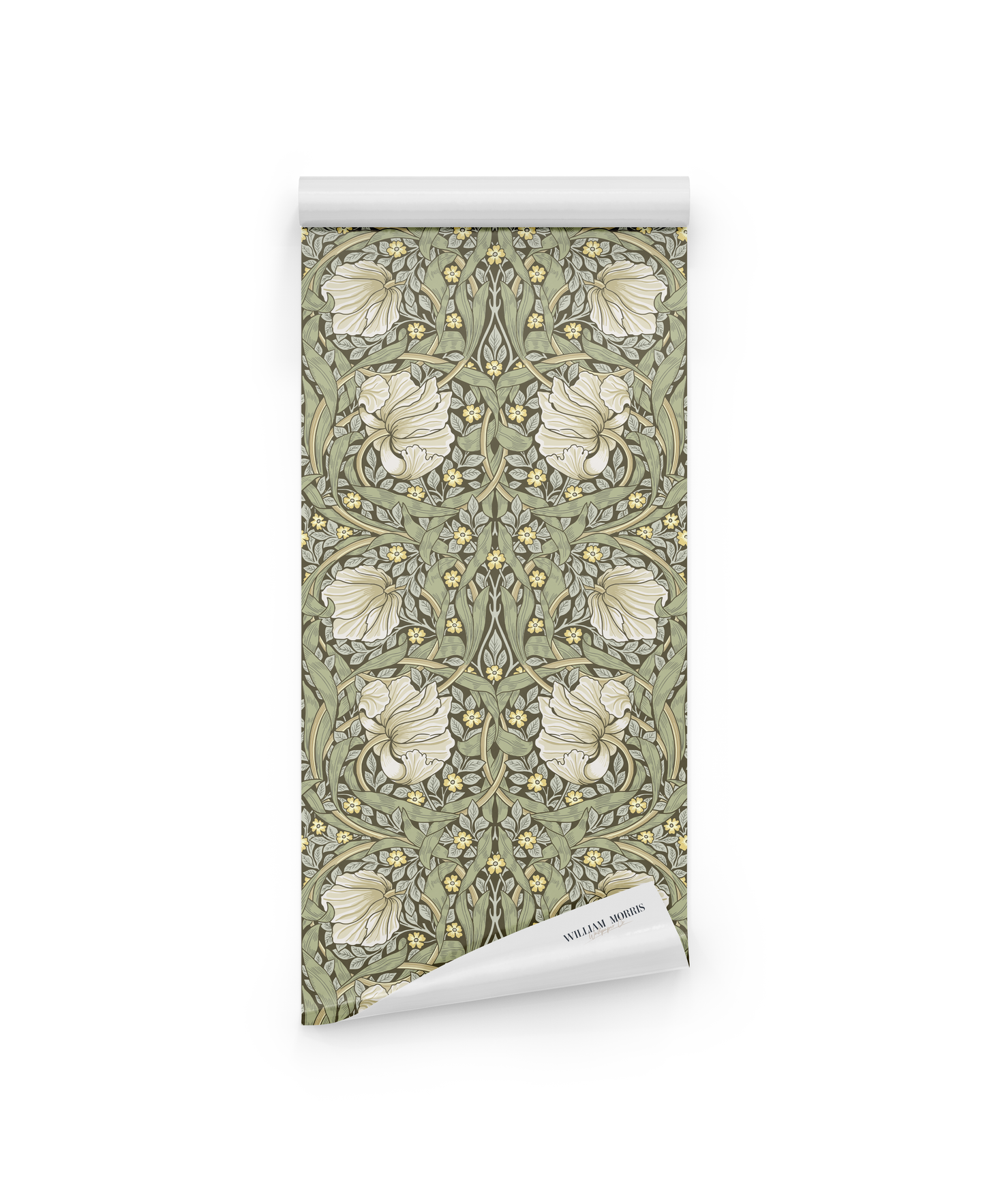A rolled sheet of William Morris Pimpernel Olive Verdant Whisper wallpaper featuring an intricate floral pattern in muted green, beige, and yellow, finished with a "William Morris" label at the bottom edge.