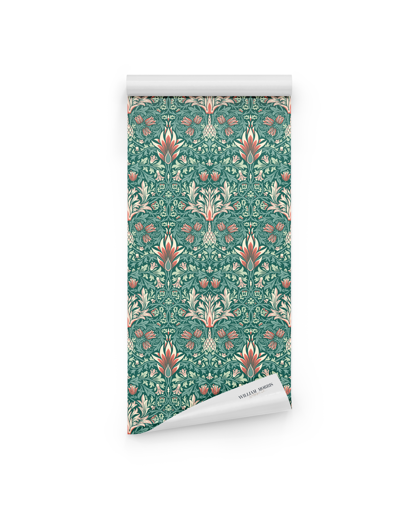 A roll of William Morris Snakeshead Green Forest Veil wallpaper, featuring a classic green, red, and beige floral and leaf design on white, inspired by the timeless Arts and Crafts style.