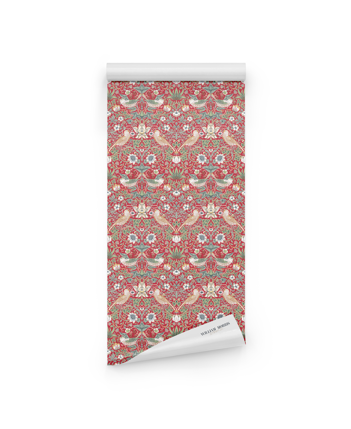 A roll of William Morris Strawberry Thief Scarlet Harvest wallpaper with a repeating pattern of birds and florals in red, beige, and green on a white background.
