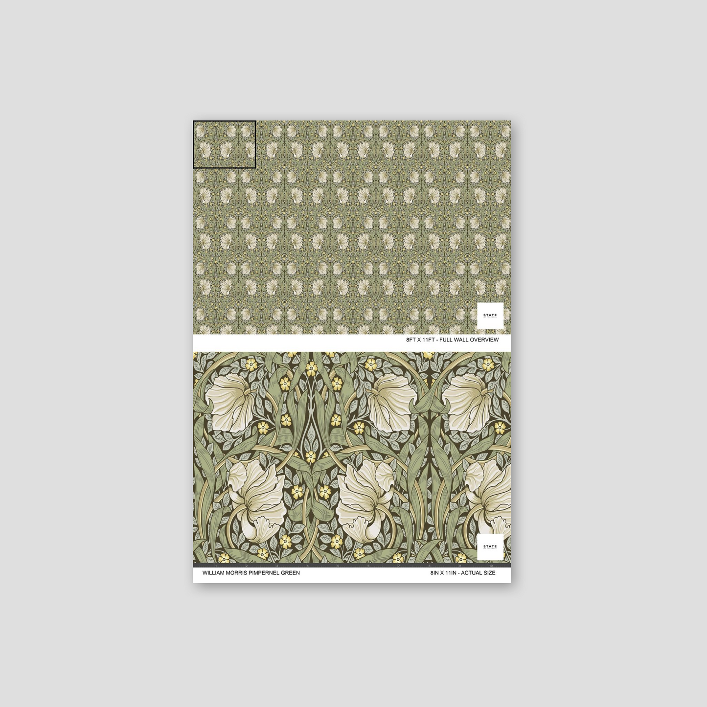 William Morris Pimpernel Green wallpaper with the 1876 Morris pimpernel design used in his own Kelmscott House dining room, shown installed in a second interior for room context