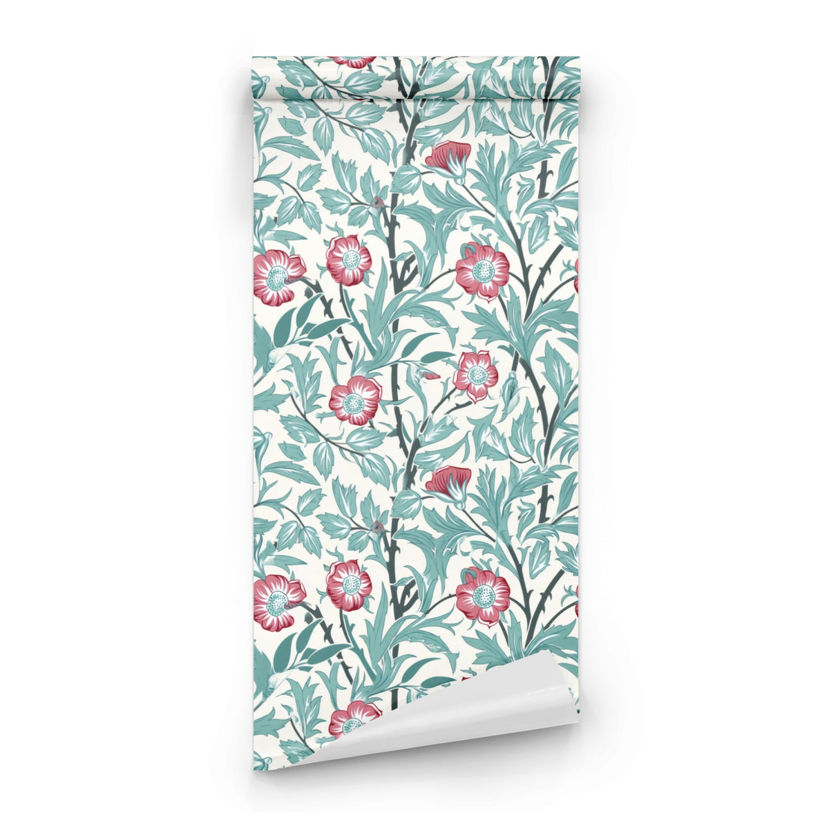 Red Floral Wallpaper roll close-up showing the sweet briar rose drawing in close warm light