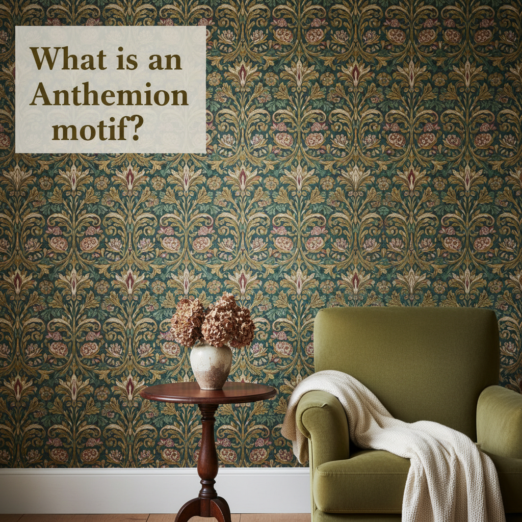 Decorative William Morris-style title card for the article “What Is An Anthemion Motif?”, with the heading lettered inside an ornate botanical border.