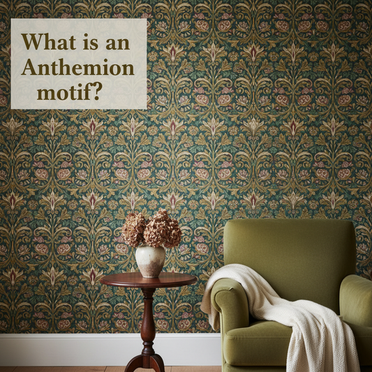 Decorative William Morris-style title card for the article “What Is An Anthemion Motif?”, with the heading lettered inside an ornate botanical border.