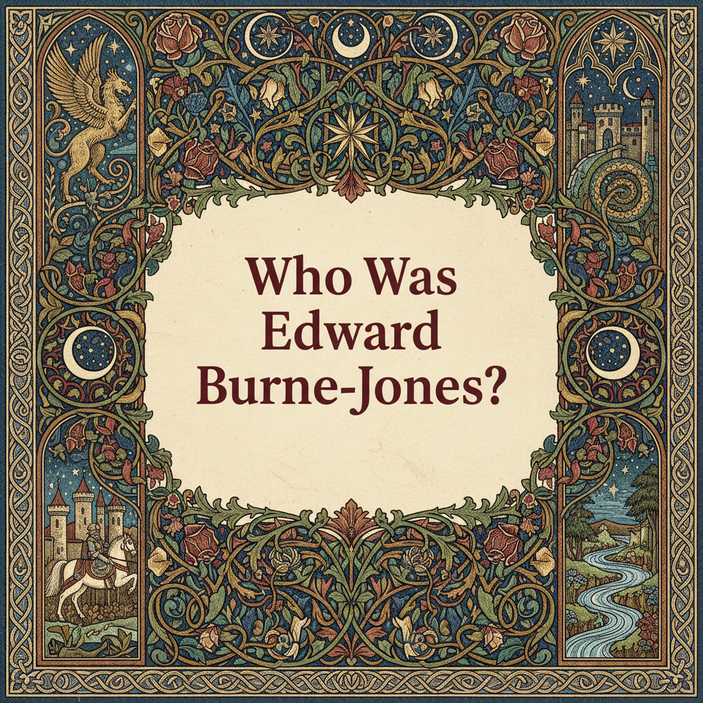 William Morris-style decorative title card lettered with the heading 'Who Was Edward Burne-Jones?', set within an ornate botanical border.
