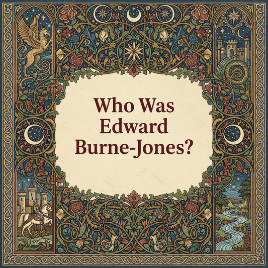 William Morris-style decorative title card lettered with the heading 'Who Was Edward Burne-Jones?', set within an ornate botanical border.