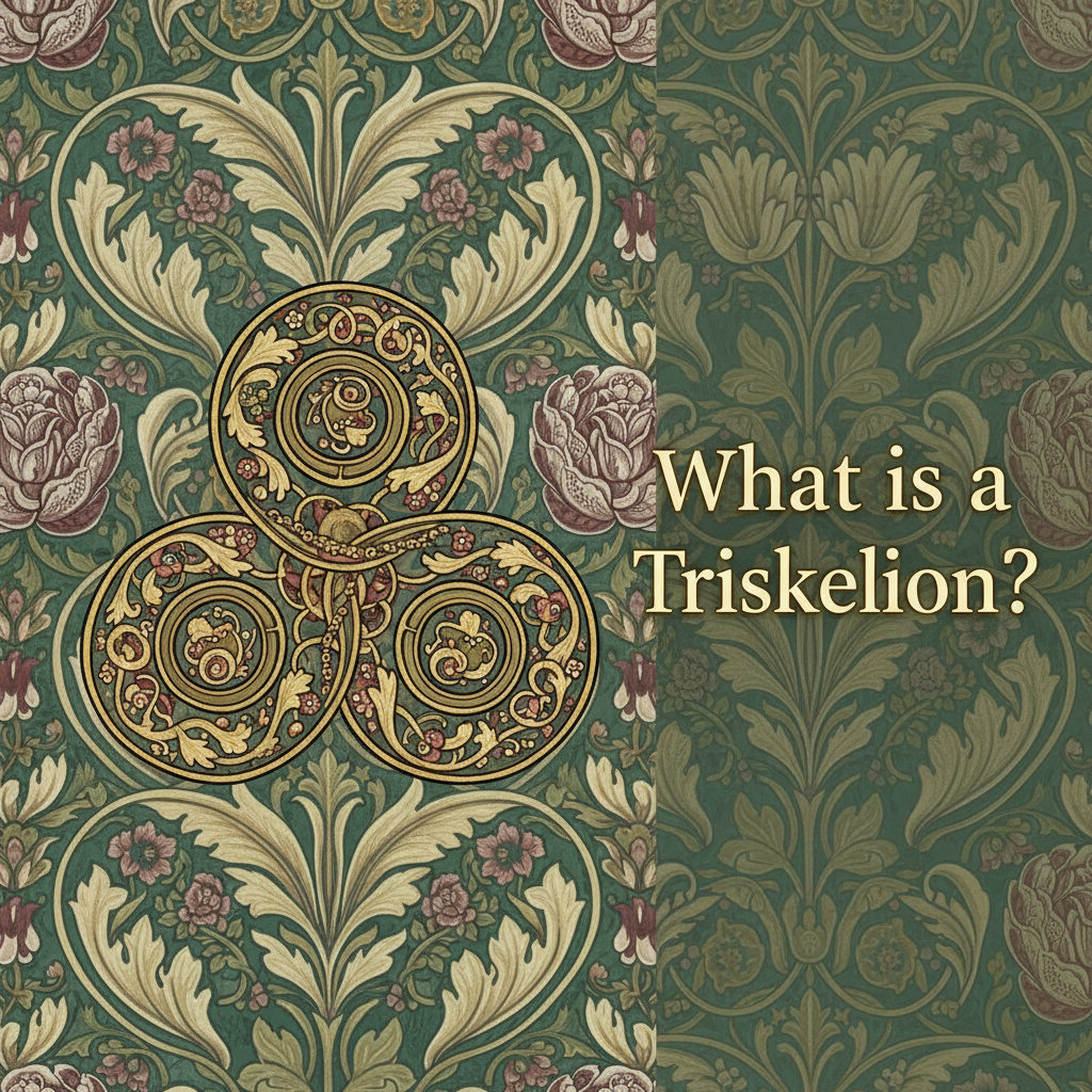 Decorative William Morris-style title card for the article “What Is A Triskelion?”, with the heading lettered inside an ornate botanical border.