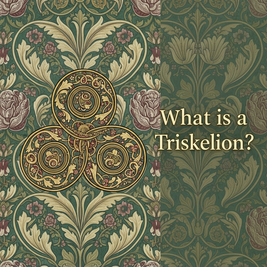 Decorative William Morris-style title card for the article “What Is A Triskelion?”, with the heading lettered inside an ornate botanical border.