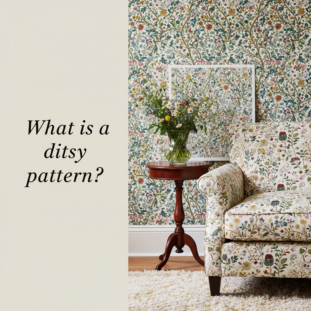 Decorative William Morris-style title card for the article “What Is A Ditsy Pattern?”, with the heading lettered inside an ornate botanical border.