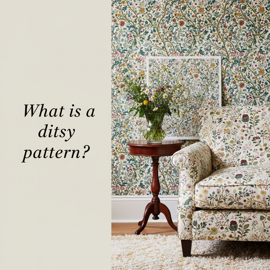 Decorative William Morris-style title card for the article “What Is A Ditsy Pattern?”, with the heading lettered inside an ornate botanical border.
