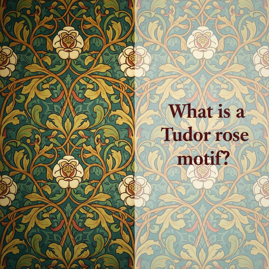 Decorative William Morris-style title card for the article “What Is A Tudor Rose Motif?”, with the heading lettered inside an ornate botanical border.