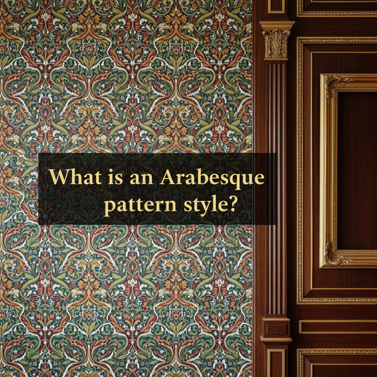 Decorative William Morris-style title card for the article “What Is An Arabesque Pattern Style?”, with the heading lettered inside an ornate botanical border.