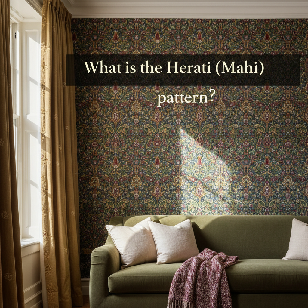 Decorative William Morris-style title card for the article “What Is The Herati Mahi Pattern?”, with the heading lettered inside an ornate botanical border.